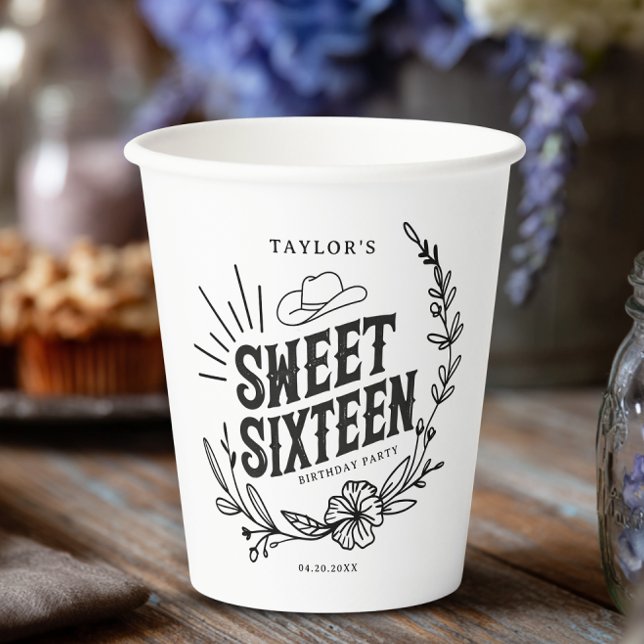 Vasos De Papel Rústica Cowgirl Floral Sweet Dieciséis cumpleaños (Rustic western sweet sixteen party cup with black floral design on white background.)