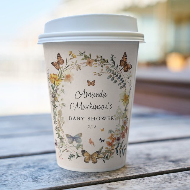 Vasos De Papel Rústica Floral Mariposa Sexo Neutral Baby Shower (Subido por el creador)