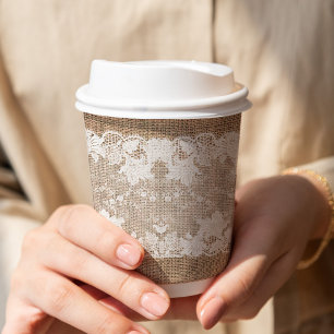 Vasos De Papel Rústico campo vintage burlap beige y encaje blanco