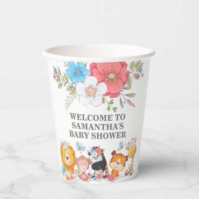 Vasos De Papel Safari de la selva tierno bebé animales fiesta tro (Anverso)