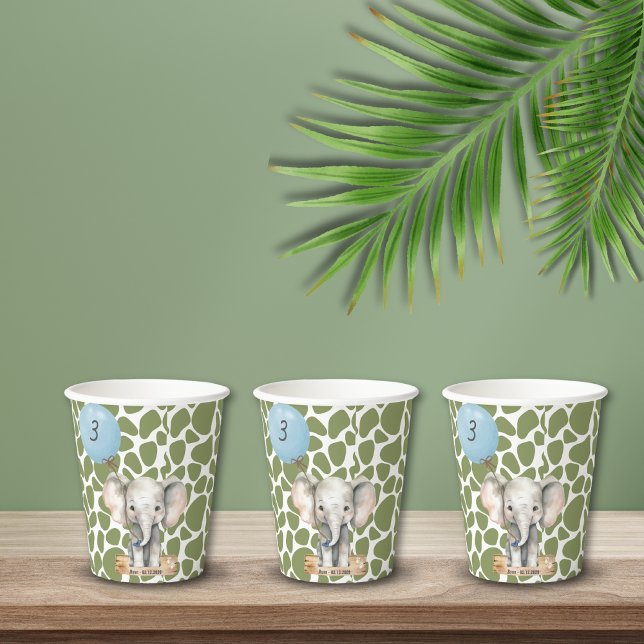 Vasos De Papel Safari Jungle Zoo Animal Elephant Cumpleaños (Safari Jungle Watercolor Animal Elephant Birthday Paper Cup)
