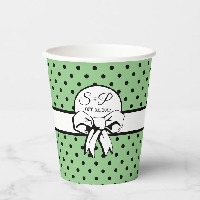 Vasos De Papel Sage Green Black Polka Dot White Bow Personalizado (Anverso)
