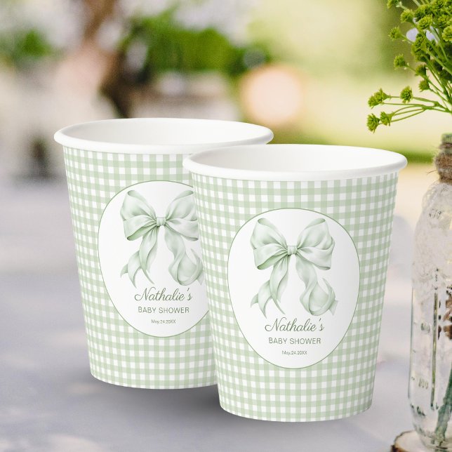 Vasos De Papel Sage Green Bow Gingham Baby Shower (Subido por el creador)