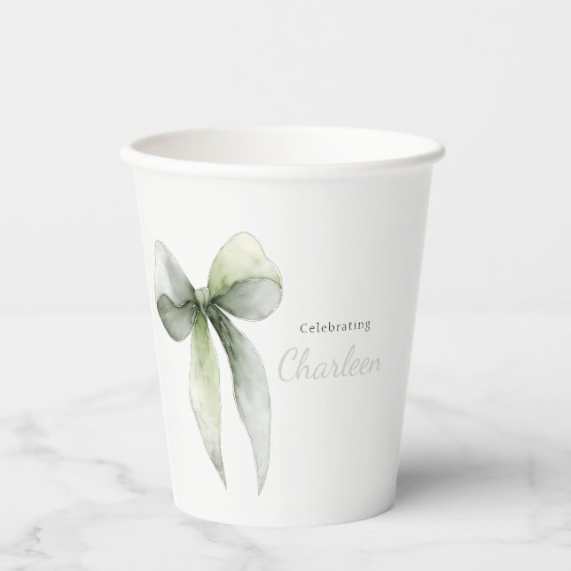 Vasos De Papel Sage Green Bow Gingham Baby Shower (Anverso)