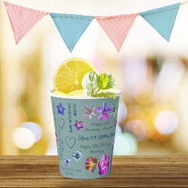 Vasos De Papel Sage Green Elegant Floral Name Happy 50th Birthday
