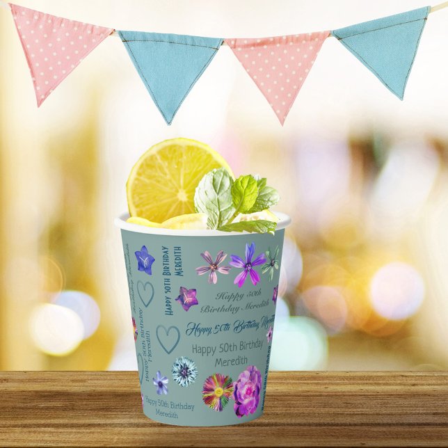 Vasos De Papel Sage Green Elegant Floral Name Happy 50th Birthday (Subido por el creador)