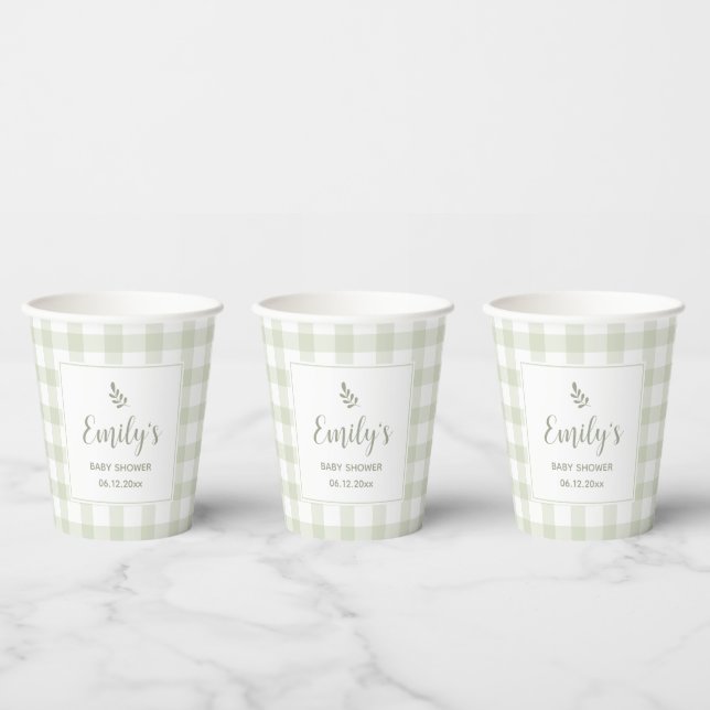 Vasos De Papel Sage Green Gingham Baby Shower (Multi)