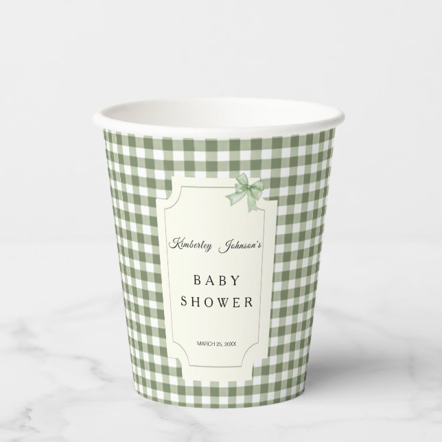 Vasos De Papel Sage Green Gingham y Bow Baby Shower (Anverso)