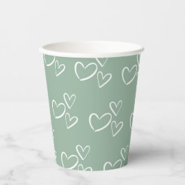 Vasos De Papel Sage Green Handdraw Hearts Baby Shower