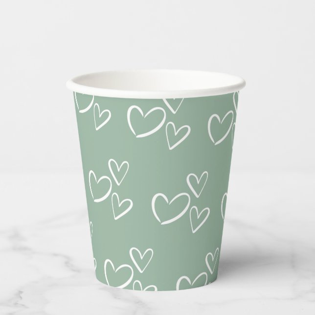Vasos De Papel Sage Green Handdraw Hearts Baby Shower (Anverso)