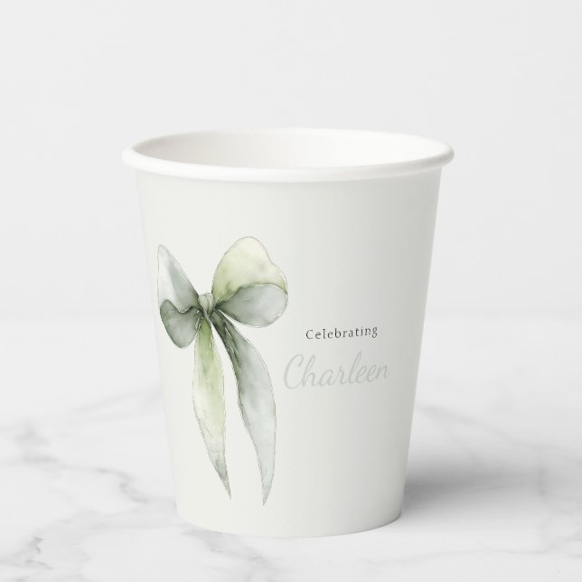 Vasos De Papel Sage Green Lazo Cuadro de Bebé Shower (Anverso)
