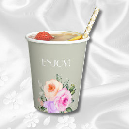 Vasos De Papel Sage Green Pink Roses Bright Floral Bridal Shower