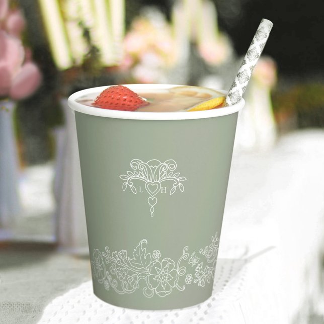 Vasos De Papel Sage monogramado pulga blanca verde de lis boda (Subido por el creador)