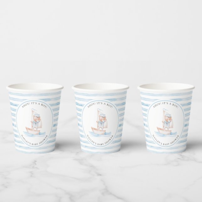 Vasos De Papel Sailor Bear Blue Stripe Baby Shower (Multi)