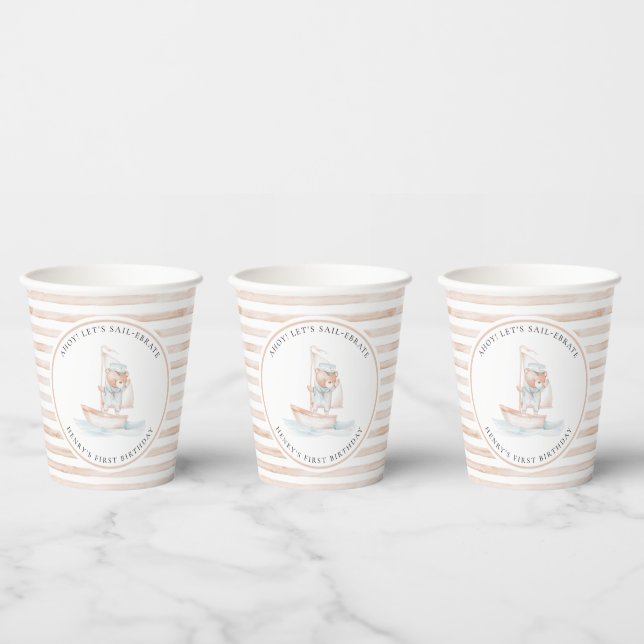 Vasos De Papel Sailor Bear Tan Stripe Cumpleaños (Multi)