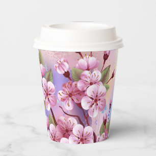 Vasos De Papel Sakura rosa sobre fondo de pintura