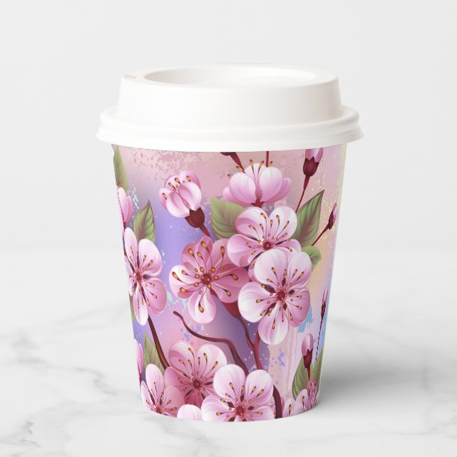 Vasos De Papel Sakura rosa sobre fondo de pintura (Reverso )