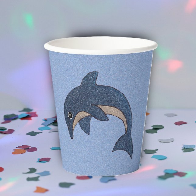 Vasos De Papel Saltando delfín blanco azul espumoso sobre azul cl (Sparkle like dark blue dolphin in jumping position on light blue beach party paper cups.)