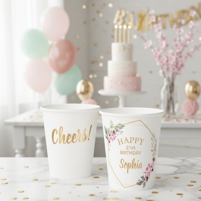 Vasos De Papel Salud! Felices 21° copas de papel para Fiestas de  (Happy 21st Birthday paper cups for sakura themed birthday.)