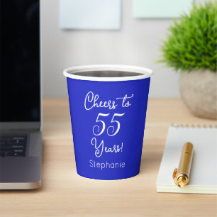 Vasos De Papel Saludos azules reales a 55 años 55 cumpleaños