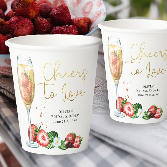 Vasos De Papel Saludos para amar la fresa y el champán (Cheers to Love paper cups from my Strawberries and Champagne bridal shower collection)