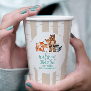 Vasos De Papel Salvaje Cumpleaños Uno Bosque Animal Abedul