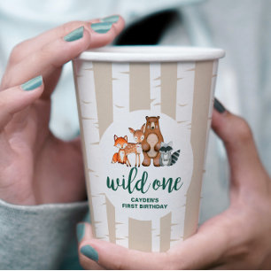 Vasos De Papel Salvaje Cumpleaños Uno Bosque Animal Abedul