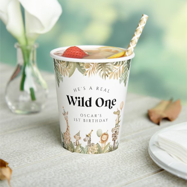 Vasos De Papel Salvaje One First Birthday Paper Cup Safari Animal (in situ)