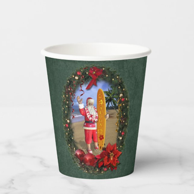 Vasos De Papel Santa de Hawaii con tabla de surf (Anverso)