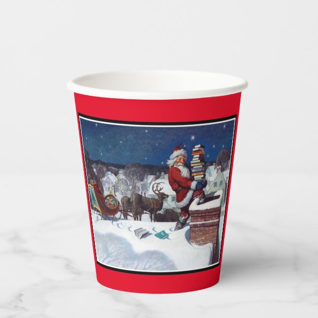Vasos De Papel Santa Delivering Books at Christmas, Paper Cups (Anverso)