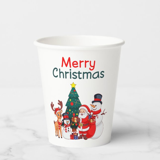 Vasos De Papel Santa, Snowman Y Los Renos Feliz Navidad (Anverso)