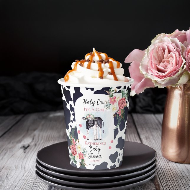 Vasos De Papel Santa vaca, es una bienvenida Chica en Baby Shower (Cute "Holy Cow, It's A Girl!" Black and White Cow Theme | Pink Floral Baby Shower Paper Cups)