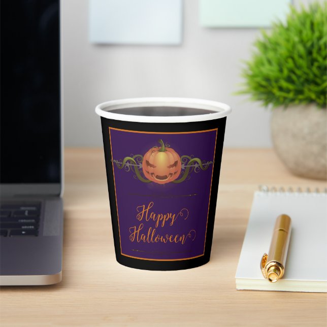 Vasos De Papel Scary Jack-o-Lantern Halloween | Negro (in situ)