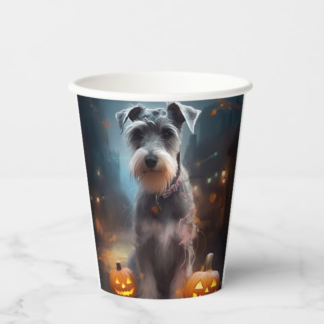 Vasos De Papel Schnauzer de Halloween con calabazas aterradoras (Anverso)