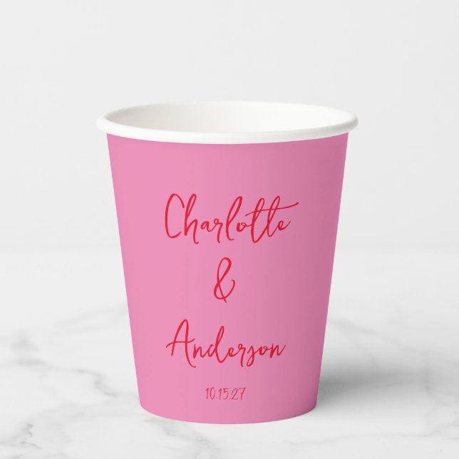 Vasos De Papel Script manuscrito Whimsy Pink Red Custom Wedding (Anverso)