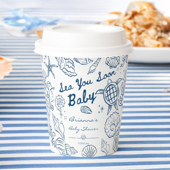 Vasos De Papel Sea you soon seashells beach boy baby shower (Sea you soon seashells beach boy baby shower personalized paper cups hand drawn seashells coffee cup)