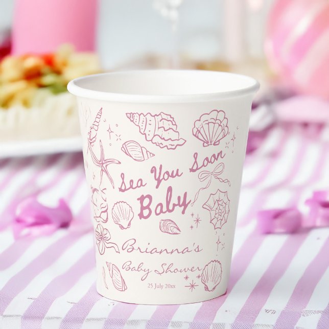 Vasos De Papel Sea you soon seashells beach girls baby shower (Sea you soon pink seashells seaside beach girls baby shower personalized paper cups)