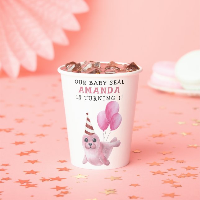 Vasos De Papel Sello Rosado Primer Cumpleaños Debajo Del Mar (in situ)