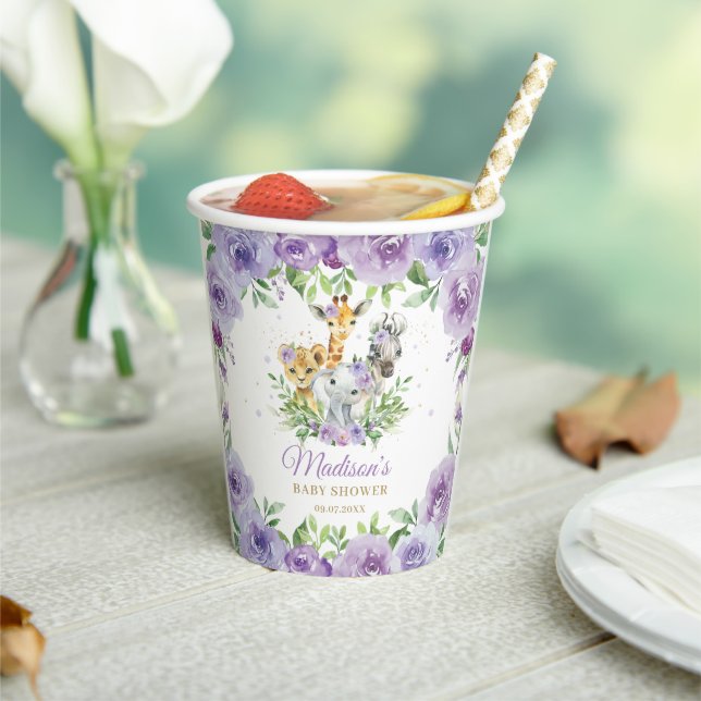 Vasos De Papel Selva Animal Safari Purple Floral Baby Shower (in situ)