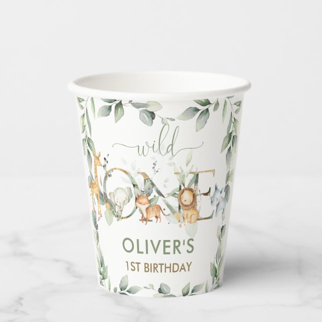 Vasos De Papel Selva de animales verde salvaje Un primer cumpleañ (Anverso)