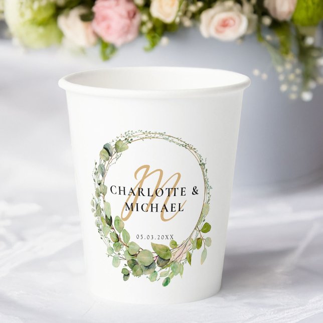 Vasos De Papel Sencillo, elegante, monograma eucalipto weddi Pega (Simple, elegant, monogram eucalyptus wedding paper cups with your names & date.)