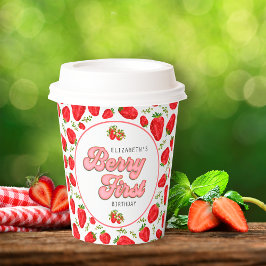 Vasos De Papel Sencillo patrón de fresa Primer cumpleaños Berry p