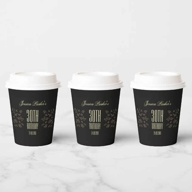 Vasos De Papel Sencillo y elegante negro 30 cumpleaños (Multi)