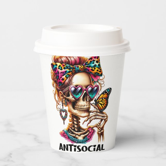 Vasos De Papel Señora del Skeleton Antisocial (Anverso)