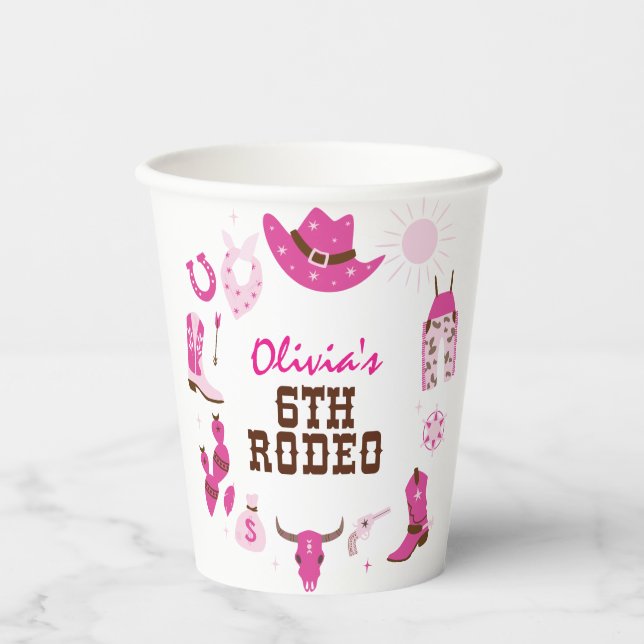 Vasos De Papel Sexto cumpleaños de Rodeo Rosa Occidental Cowboy (Anverso)