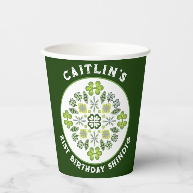 Vasos De Papel Shamrock Mandala 21ª Fiesta de cumpleaños (Anverso)