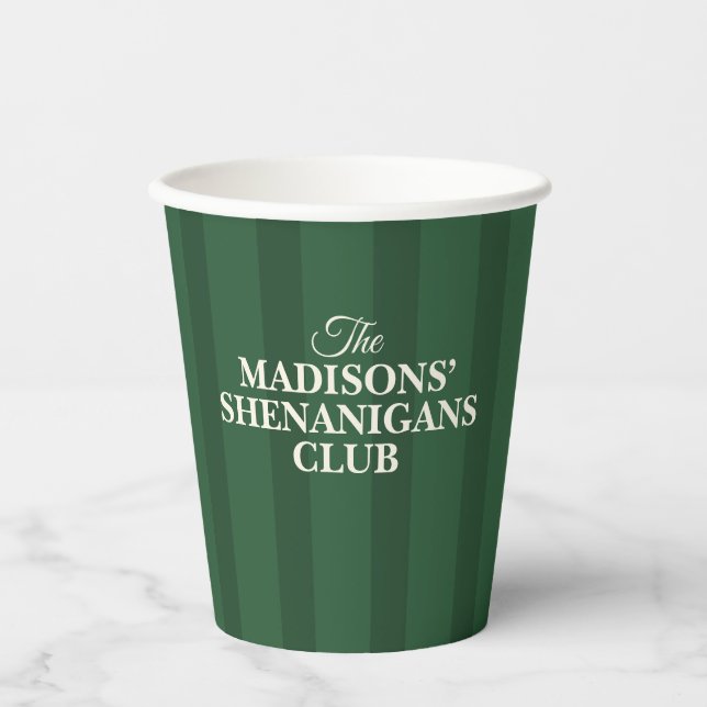 Vasos De Papel Shenanigan Family Name Green Stripes (Anverso)