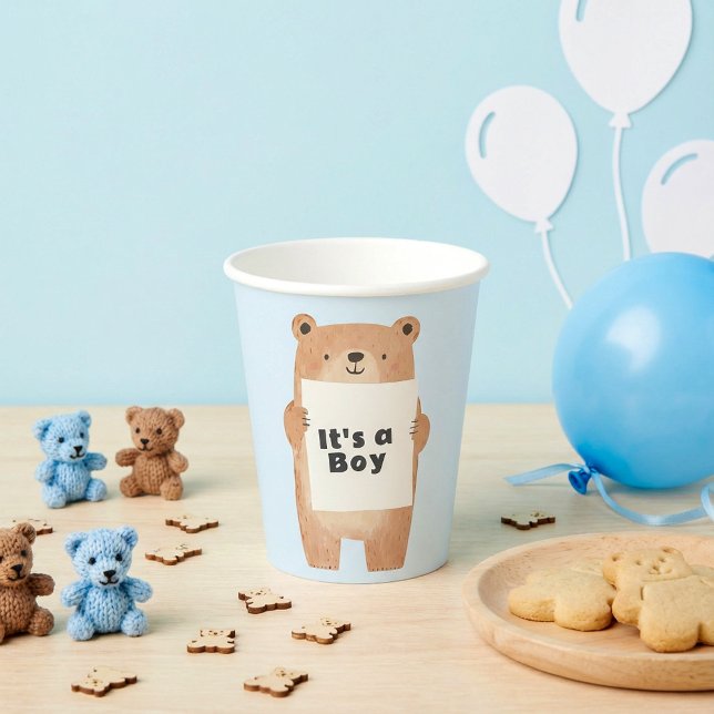 Vasos De Papel Signo de la mano del oso lindo bebé azul (Bear holding sign cute blue baby shower paper cups.)