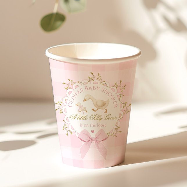 Vasos De Papel Silly Goose Pink Gingham Bow Baby Shower (Subido por el creador)