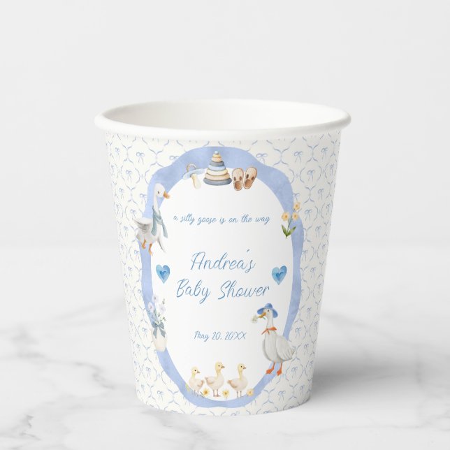 Vasos De Papel Silly Goose Whimsical Bow Baby Boy Shower (Anverso)
